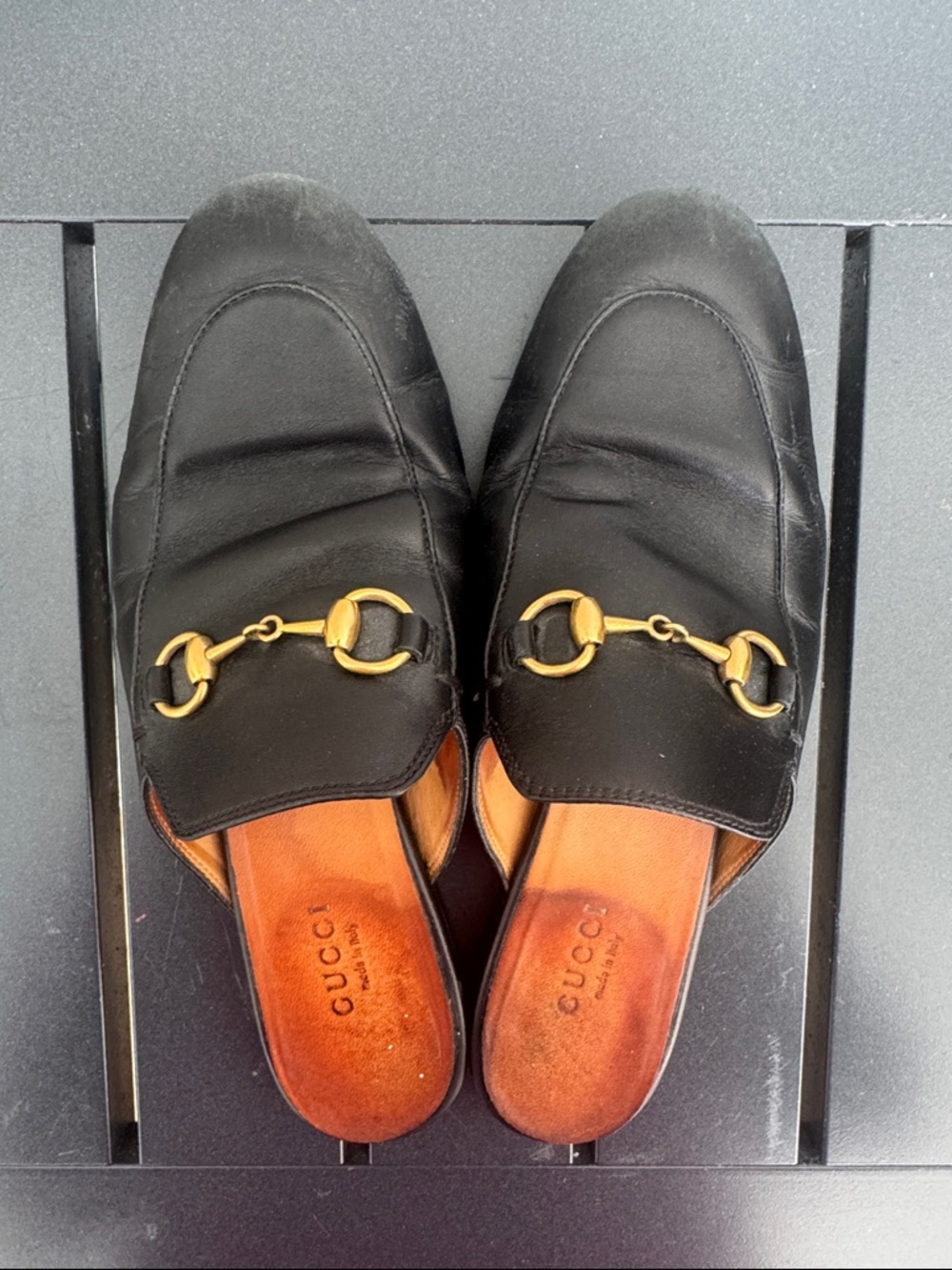 Gucci Black Princetown Leather Loafers/ Slippers with Gold Horsebit 35.5